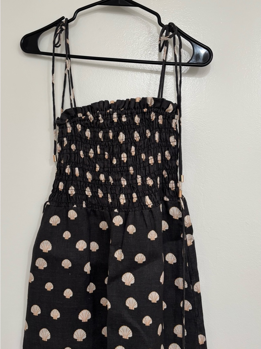 Kivari Black Shell-Print Smocked Sundress with Tie Straps